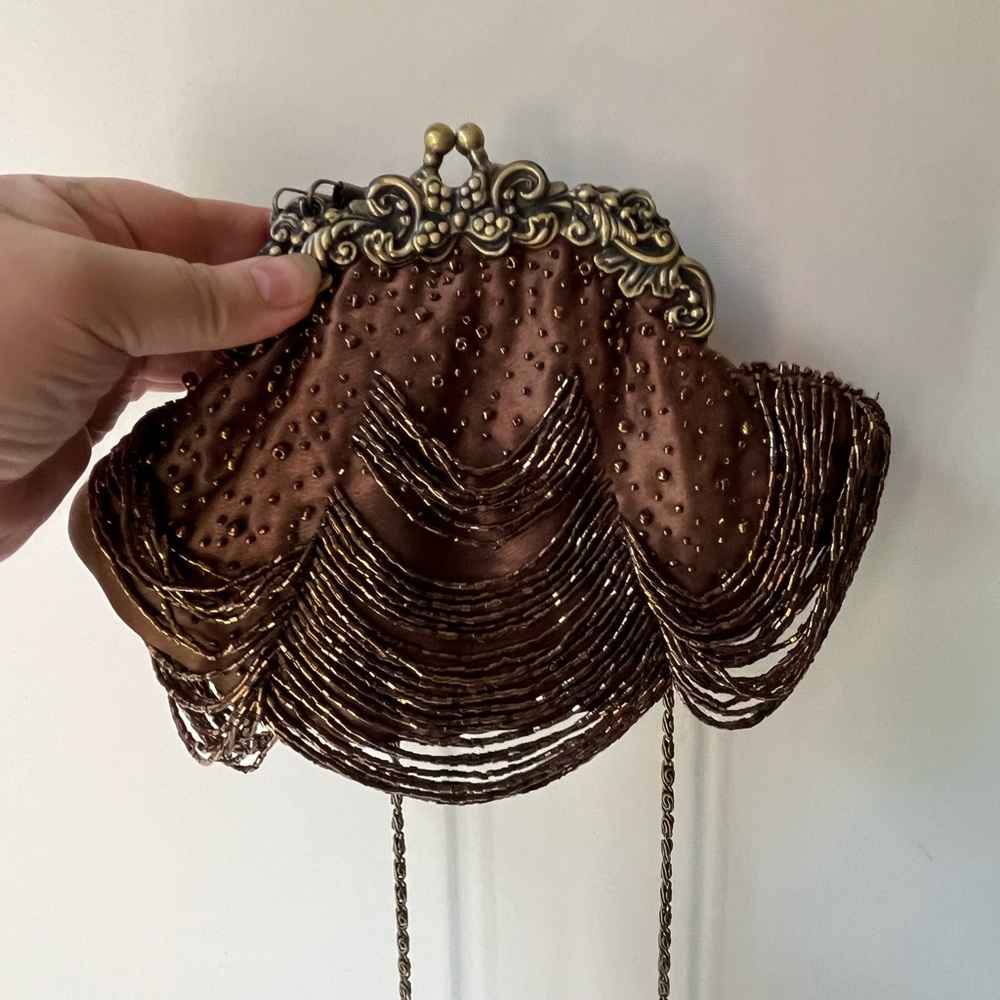 E V Forever Partners Brown Beaded Evening Purse Chain Handle